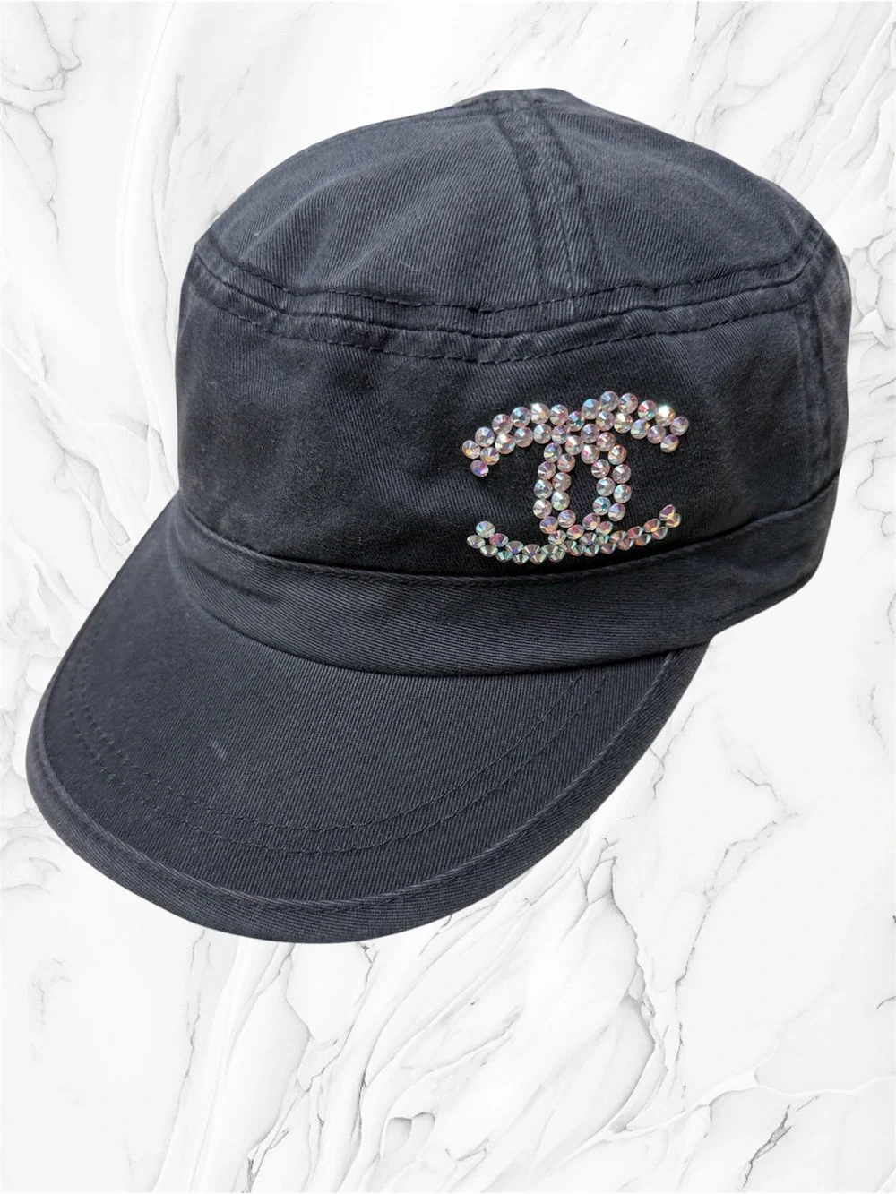 Black Cap hat with sparking rhinestone Double C Logo
